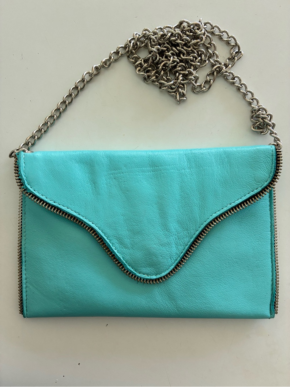 Turquoise Leather Envelope Crossbody Bag with Chain Strap